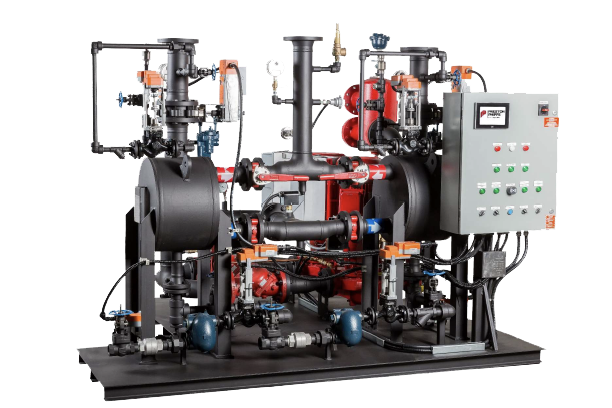 Preston Phipps skid-mounted steam-to-water heat exchanger system with control panel and piping for building heating applications.
