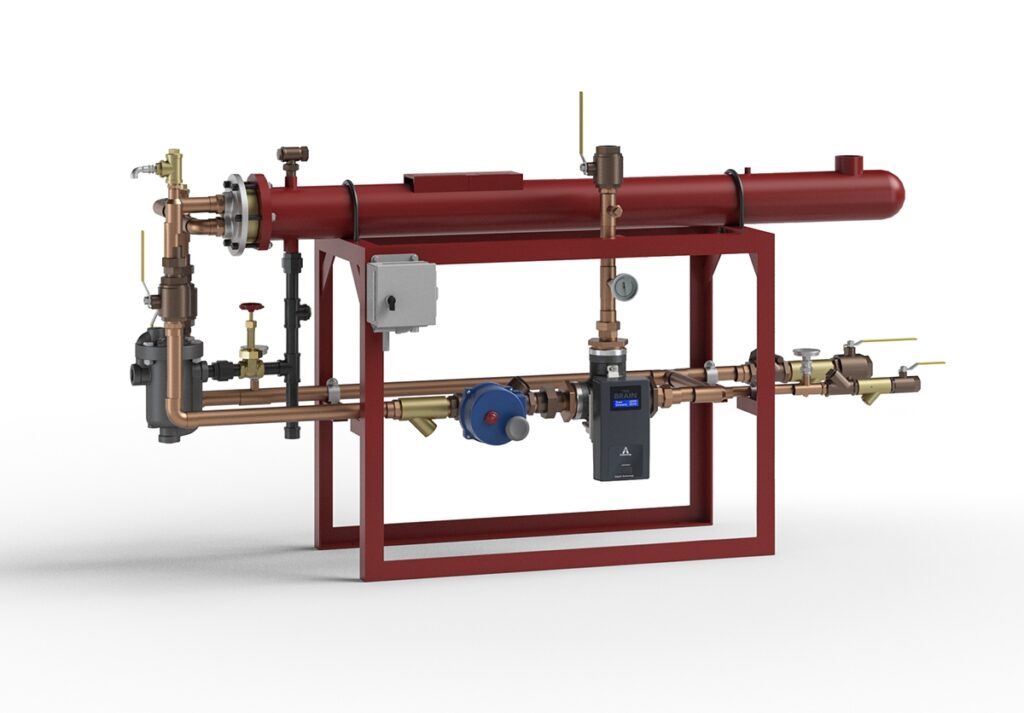 Armstrong International steam and water coil assembly for industrial heat transfer applications, displayed on a red structural frame.