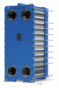 Polaris SF230 plate heat exchanger with multiple flow ports and compact, gasketed frame for industrial heating and cooling applications.