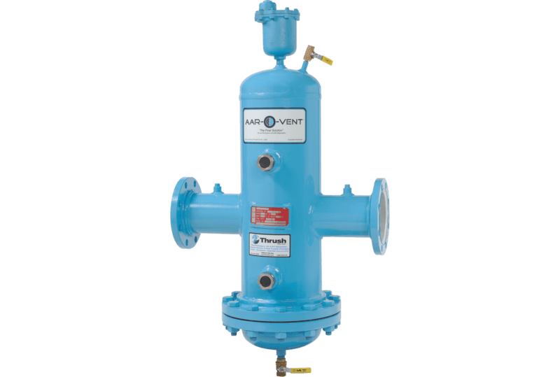 Blue Thrush Aar-O-Vent air and dirt separator for closed-loop hydronic systems, shown with threaded vents and flanged connections.