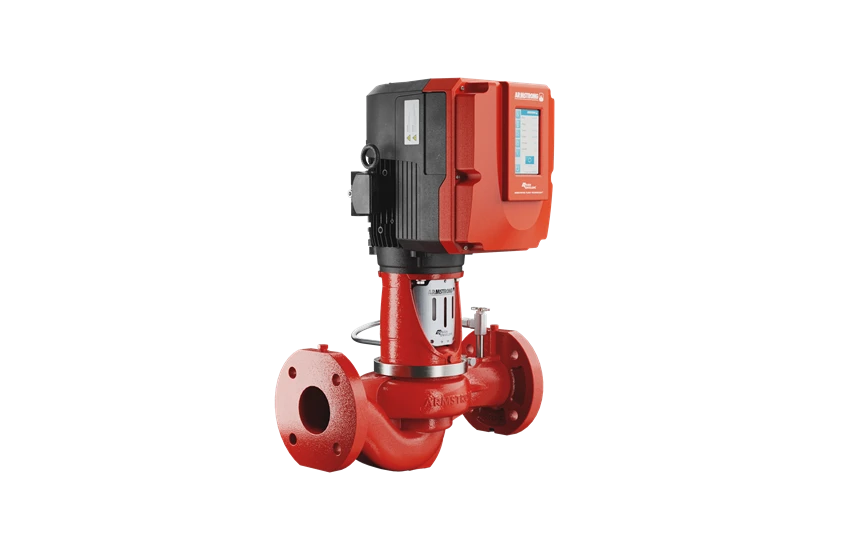 Armstrong in-line variable speed smart pump with integrated touchscreen controller for hydronic systems.